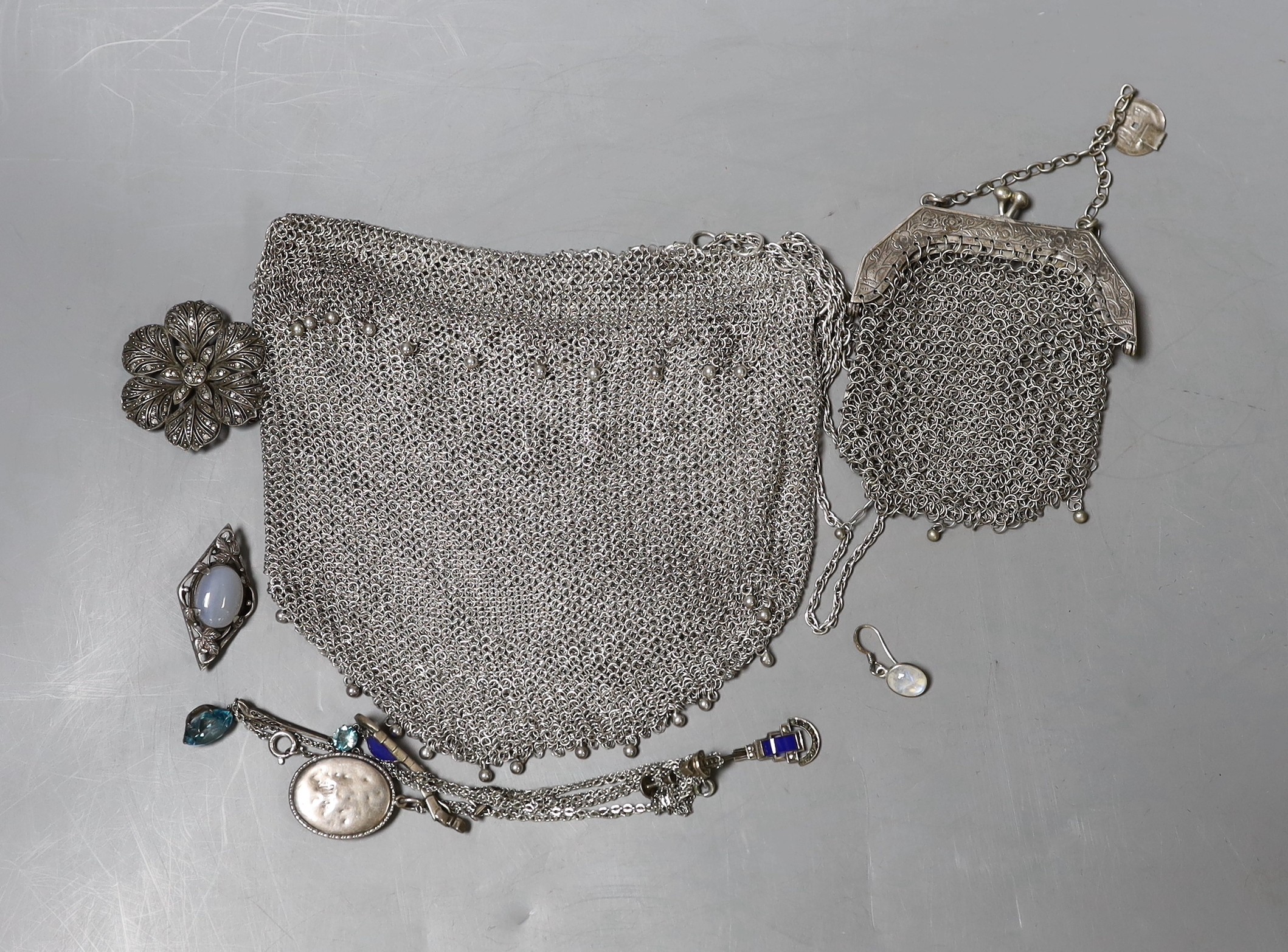 Two white metal purses and minor jewellery.